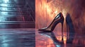 Elegant and sleek high heel in a bold, reflective environment, suggesting luxury