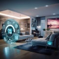 Elegant smart living room with a centralized control interface, showcasing advanced home automation technology during twilight