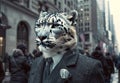 Elegant snow leopard in a suit walking through a bustling city street