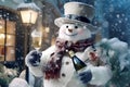 Elegant snowman in hat wishes Happy New Year and offers to drink champagne. Invitation to party, restaurant