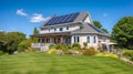 Elegant Solar-Powered Home: Photovoltaic Panels, Tree Shadows & Cobblestone Path