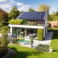 Elegant Solar-Powered Home: Photovoltaic Panels, Tree Shadows & Cobblestone Path