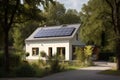 Elegant Solar-Powered Home: Photovoltaic Panels, Tree Shadows & Cobblestone Path