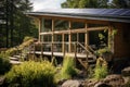 Elegant Solar-Powered Home: Photovoltaic Panels, Tree Shadows & Cobblestone Path