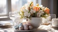 Elegant and sophisticated Easter decor. Beautifully arranged Easter brunch table with spring flowers centerpiece Royalty Free Stock Photo