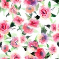 Elegant sophisticated lovely floral colorful spring summer pink and red roses with green leaves bouquets diagonal pattern watercol Royalty Free Stock Photo