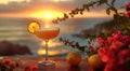 Elegant sour cocktail glass with orange slice on summer holiday resort with ocean view.Macro.AI Generative Royalty Free Stock Photo
