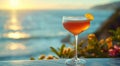 Elegant sour cocktail glass with orange slice on summer holiday resort with ocean view.Macro.AI Generative Royalty Free Stock Photo