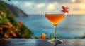 Elegant sour cocktail glass with orange slice on summer holiday resort with ocean view.Macro.AI Generative Royalty Free Stock Photo