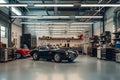 Elegant and spacious garage interior with classic cars and clean workspace