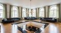 Elegant Living Room with Circular Layout, Black Leather Sofas, and Sunlit Arched Windows Royalty Free Stock Photo