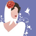 Elegant Spanish woman with a headscarf, flowers and the silhouette of a little swallow. Typical Madrid style