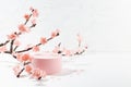 Elegant spring cylinder podium mockup with branch of pink sakura flowers in light white interior on table in japanese style.
