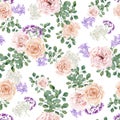 Elegant spring summer seamless floral pattern with hand drawn violet flower, purple floral, pink peony, blush rose, bluebells