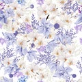 Elegant spring summer seamless floral pattern with hand drawn violet flower, purple floral, white orchid bluebells illustration.