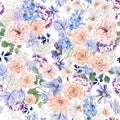 Elegant spring summer seamless floral pattern with hand drawn violet flower, purple floral, white orchid, rose, peony, bluebells i