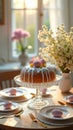 Elegant spring table with bundt cake and floral decor in sunlit room Royalty Free Stock Photo