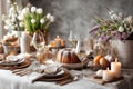 Elegant spring table setting with candles, wine, and floral decorations Royalty Free Stock Photo