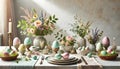 An Elegant Spring Table Setting featuring Beautiful Pastel Easter Eggs and Fresh Flowers Royalty Free Stock Photo