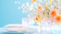 Elegant spring table setting with pastel plates and delicate floral arrangement in soft light, AI Generative Royalty Free Stock Photo