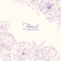 Elegant square floral backdrop decorated with peonies hand drawn with pink contour lines on light background. Beautiful