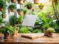 Elegant Square Flyer Mockup Floating Above a Rustic Table Surrounded by Fresh Greenery for a Modern Print Design Royalty Free Stock Photo