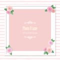 Elegant square photo frame decorated with roses on striped background. Wedding, baby shower, scrapbook album page template. Girly. Royalty Free Stock Photo