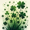 Elegant St Patricks Day design features vibrant shamrocks. Four leaf, three leaf clovers bloom in rich garden style. Ornate plant