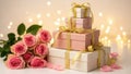 Elegant stack of gift boxes with pink roses and golden ribbons Royalty Free Stock Photo