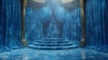 Elegant stage with blue velvet curtains and marble steps in a grand hall, illuminated by soft light, creating a luxurious