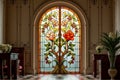 Elegant stained glass window with colorful floral design in classic interior setting Royalty Free Stock Photo
