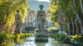 Elegant Statues Adorn Tranquil Tree-Lined Waterway at Sunset