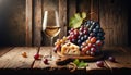 An elegant still life arrangement of a glass of white wine, grapes, and cheese on an old wooden table Royalty Free Stock Photo