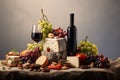 An Elegant Still Life of Cheese, Fruits, Nuts, and Wine