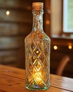 Elegant still life composition featuring a glass bottle luminary casting a warm, inviting glow. Royalty Free Stock Photo