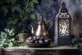 Elegant still life with dates, copper teapot, ornate cup, and illuminated lantern surrounded by greenery Royalty Free Stock Photo