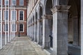 Elegant stone arcade with arched columns and red brick facade at Dublin Castle, Ireland Royalty Free Stock Photo