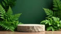 Elegant stone display platform adorned with lush greenery against a deep green background. Generative AI Royalty Free Stock Photo