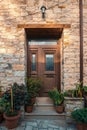 Elegant stone entrance, door with steps and flower pots Royalty Free Stock Photo