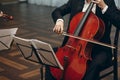 Elegant string quartet performing at wedding reception in restaurant, handsome man in suits playing violin and cello at theatre Royalty Free Stock Photo