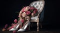 Brides wedding shoes with a bouquet with roses and other flowers