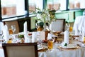 Elegant stylish decorated wedding reception tables with glasses Royalty Free Stock Photo