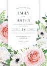 Elegant and stylish floral wedding invite, save the date card design. Vector watercolor illustration. Pink, white rose flowers, Royalty Free Stock Photo