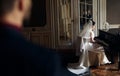 elegant stylish handsome groom looking at his gorgeous bride playing the piano. reflection in the mirror. unusual luxury wedding Royalty Free Stock Photo
