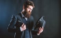 Elegant and stylish hipster. Retro fashion hat. Man with hat. Vintage fashion. Man well groomed bearded gentleman on Royalty Free Stock Photo