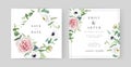 Elegant, stylish vector floral wedding invite card set. Garden blush pink rose flowers, white anemone, white lisanthus, green Royalty Free Stock Photo