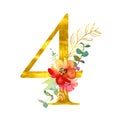 Elegant summer decorated floral numbers. Golden digit 4 with a watercolor bouquet. Element for design