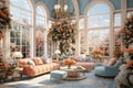 An elegant sunroom decorated with flowers, featuring large windows, soft couches, and a pastel color scheme