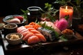 Elegant Sushi Banquet: Variety of fish, rice, textured details, intimate environment., generative IA