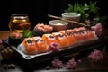 Elegant Sushi Banquet: Variety of fish, rice, textured details, intimate environment., generative IA